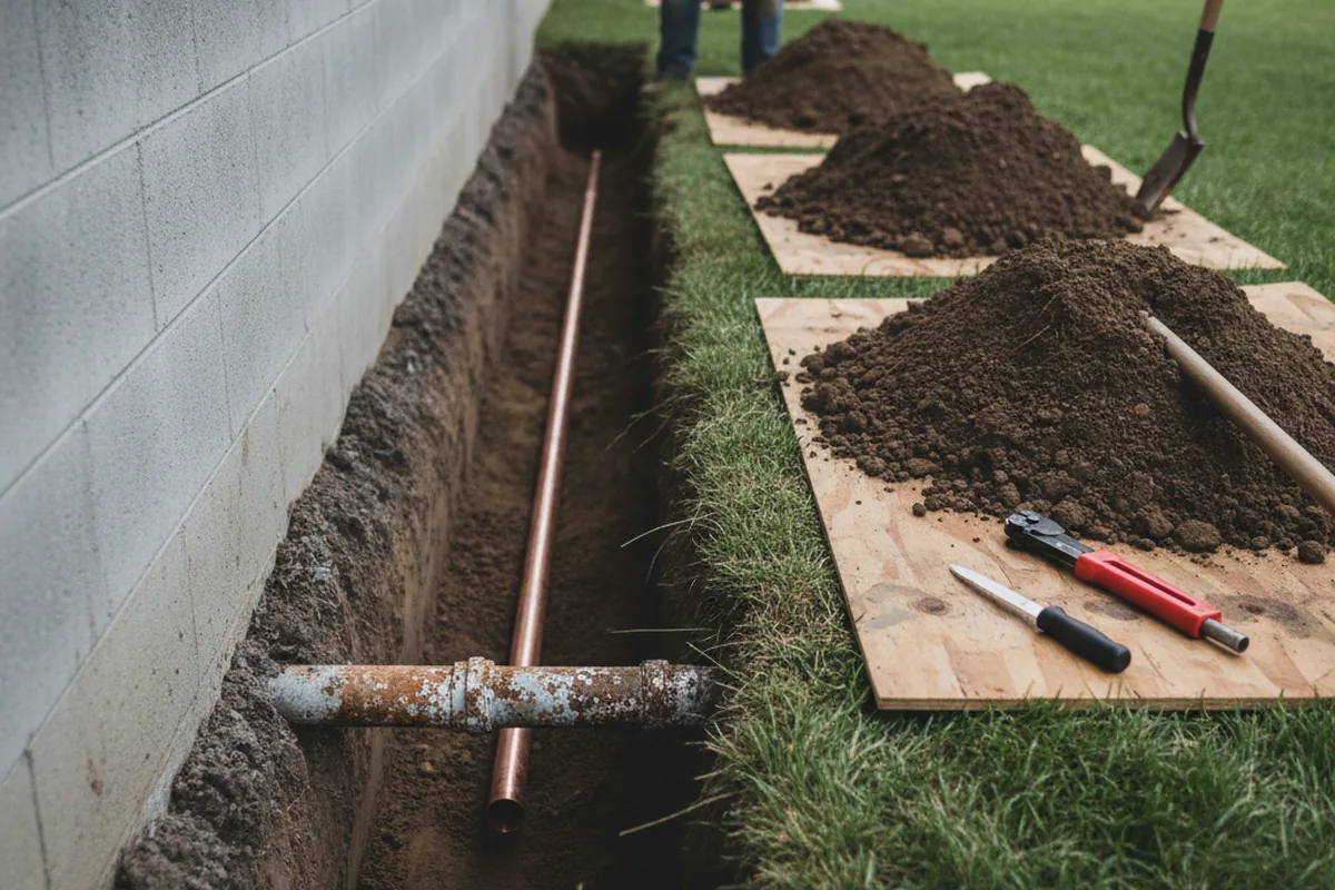 Excavated water line trench during Water Softener Installation in Tahoma